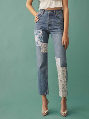 Cynthia Linen Patch High Rise Straight Jeans